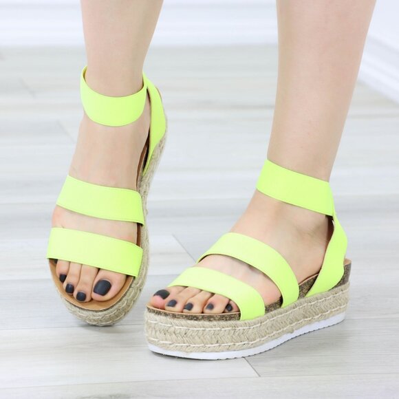 Neon Yellow Elastic Strappy Sandals Espadrille Platform Heel - Picture 2 of 14